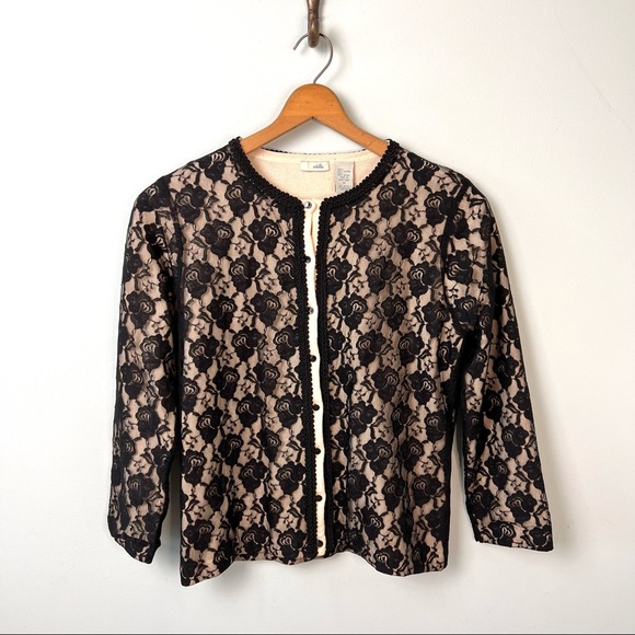 Odille Sweaters - Anthropologie Odille Cardigan with Rose Lace Overlay